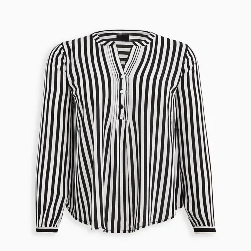 Plus Size Black & White Striped Long Sleeve Blouse - Image 3