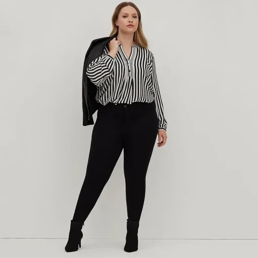 Plus Size Black & White Striped Long Sleeve Blouse - Image 4