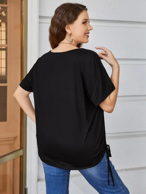 Plus Size Lace-Up Black Pleated Blouse - Image 2