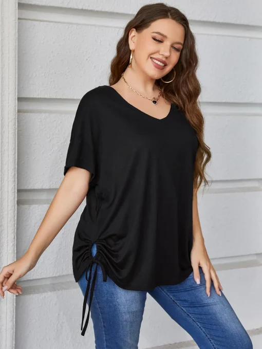 Plus Size Lace-Up Black Pleated Blouse - Image 5