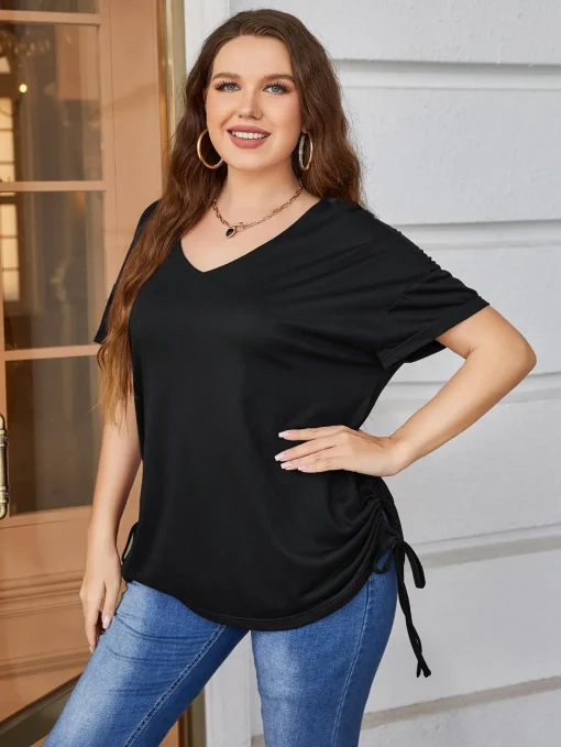 Plus Size Lace-Up Black Pleated Blouse - Image 6