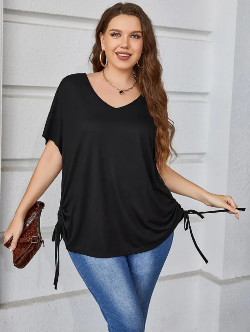 Plus Size Lace-Up Black Pleated Blouse