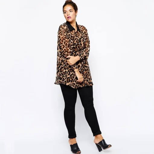 Plus Size Leopard Print Chiffon Blouse - Image 4