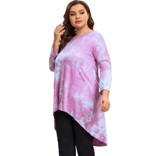 Plus Size Tie-Dye Hi-Low Long Sleeve Tunic Top - Image 2