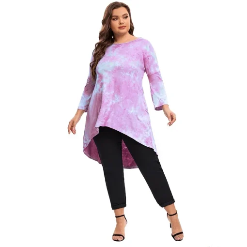 Plus Size Tie-Dye Hi-Low Long Sleeve Tunic Top - Image 3