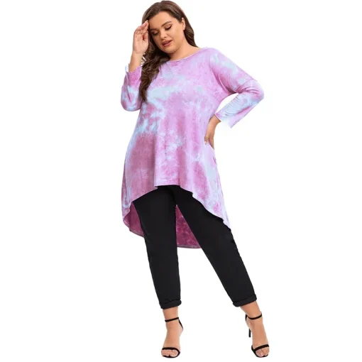 Plus Size Tie-Dye Hi-Low Long Sleeve Tunic Top - Image 5