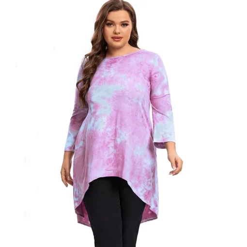 Plus Size Tie-Dye Hi-Low Long Sleeve Tunic Top