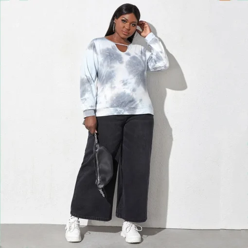 Plus Size Tie Dye Keyhole Sweatshirt Blouse - Image 5