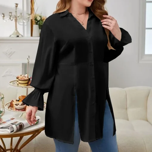 Plus Size Black Button Front Blouse