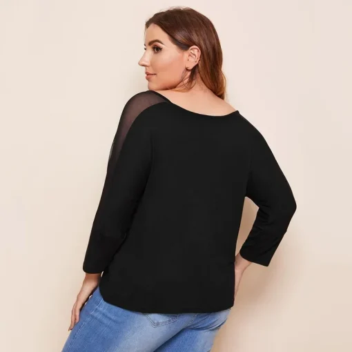 Plus Size V-Neck Mesh Patchwork Off-Shoulder Top - Image 2