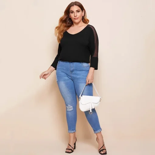 Plus Size V-Neck Mesh Patchwork Off-Shoulder Top - Image 3