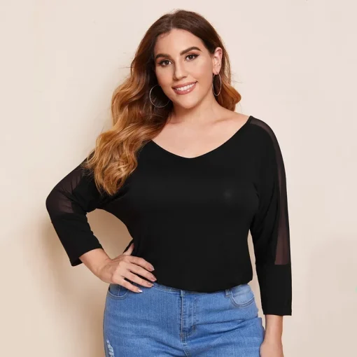 Plus Size V-Neck Mesh Patchwork Off-Shoulder Top - Image 4