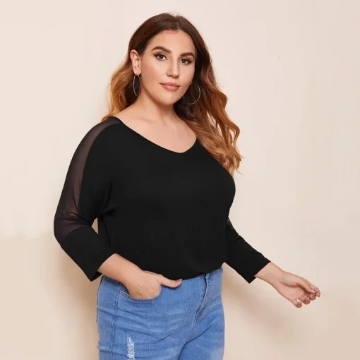 Plus Size V-Neck Mesh Patchwork Off-Shoulder Top - Image 5