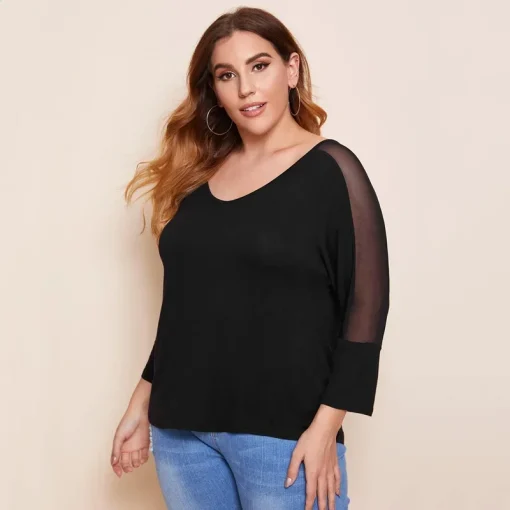 Plus Size V-Neck Mesh Patchwork Off-Shoulder Top