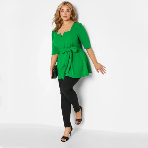 Plus Size Peplum Top Belted 3/4 Sleeve - Image 3