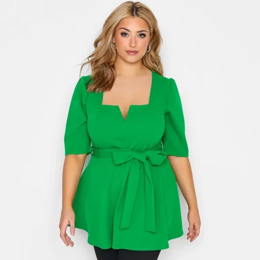 Plus Size Peplum Top Belted 3/4 Sleeve