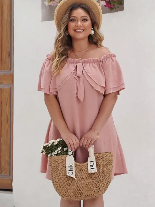 Plus Size Pink Off Shoulder Midi Dress