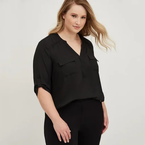 Plus Size V-Neck Rolling Sleeve Blouse