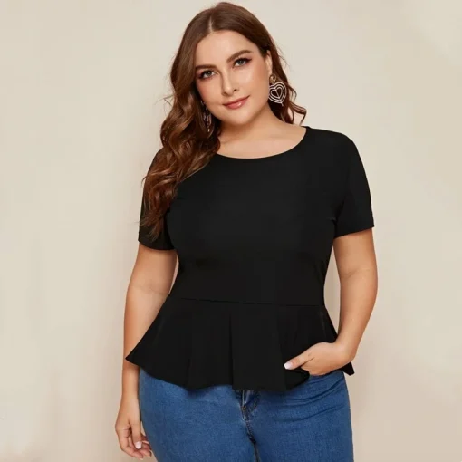 Plus Size Ruffle Hem Black Summer Top - Image 5