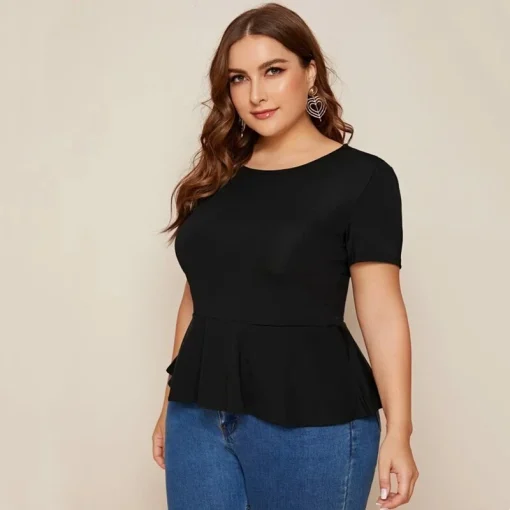 Plus Size Ruffle Hem Black Summer Top