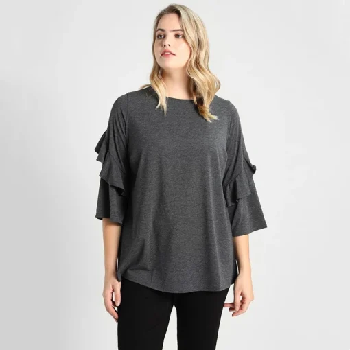 Plus Size Ruffle Sleeve Cotton T-shirt