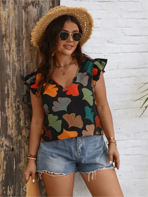 Plus Size Sleeveless V-Neck Floral Summer Tops - Image 5