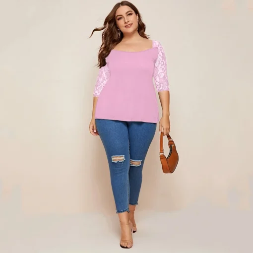 Plus Size Lace Square Neck Half Sleeve Blouse - Image 2