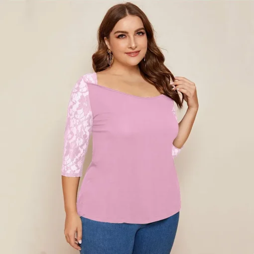 Plus Size Lace Square Neck Half Sleeve Blouse - Image 4