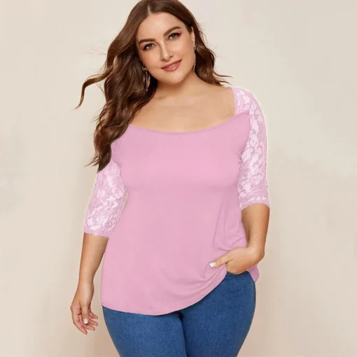 Plus Size Lace Square Neck Half Sleeve Blouse