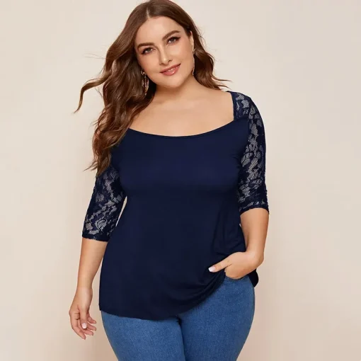 Plus Size Lace Half Sleeve Sheath A-line Blouse