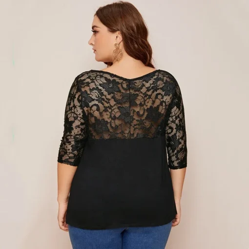 Plus Size Black Lace Sleeve Square Neck Top - Image 2