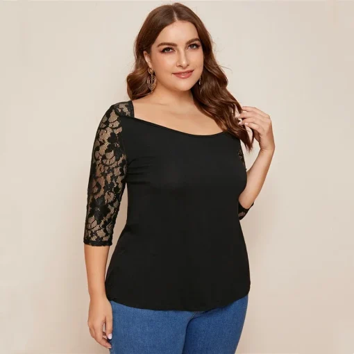 Plus Size Black Lace Sleeve Square Neck Top - Image 3