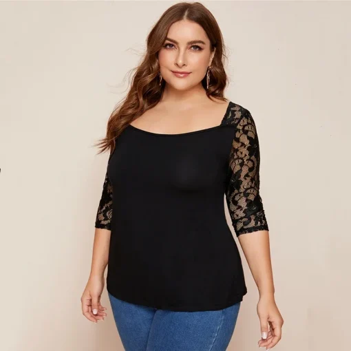 Plus Size Black Lace Sleeve Square Neck Top - Image 4