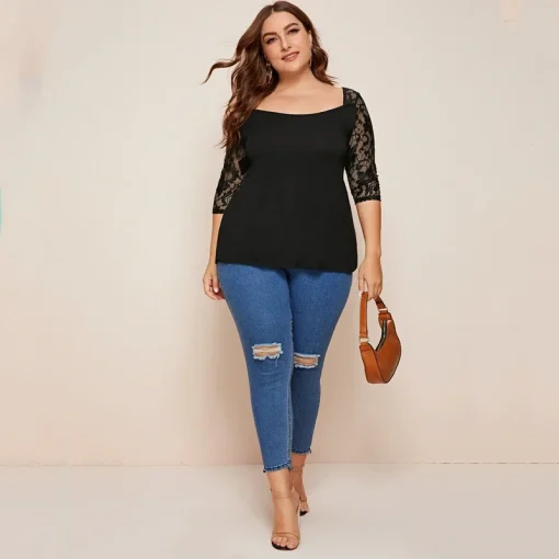 Plus Size Black Lace Sleeve Square Neck Top - Image 5