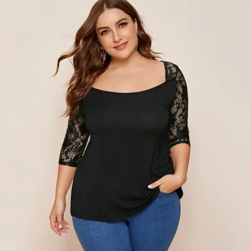 Plus Size Black Lace Sleeve Square Neck Top