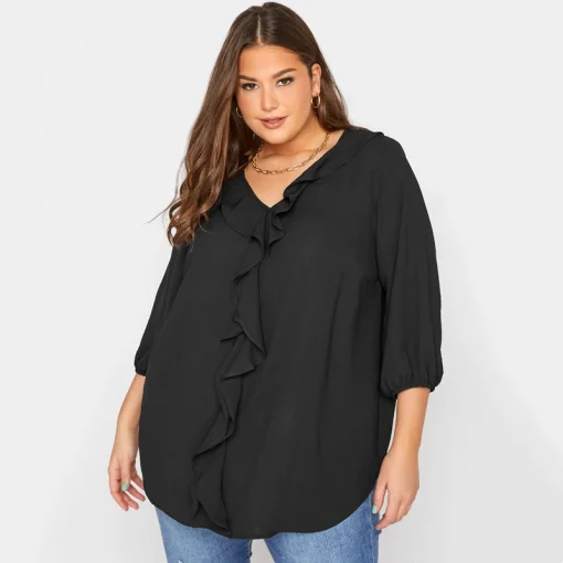 Plus Size Black V-Neck Blouse 6XL-7XL