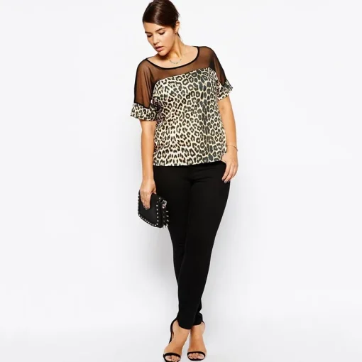 Plus Size Leopard Print Mesh T-Shirt - Image 2