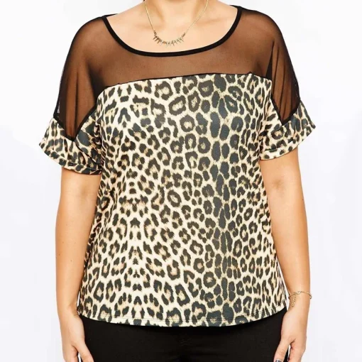 Plus Size Leopard Print Mesh T-Shirt - Image 3