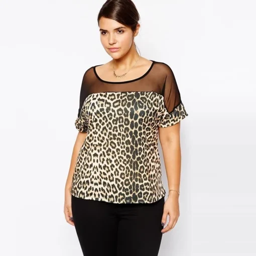 Plus Size Leopard Print Mesh T-Shirt - Image 5