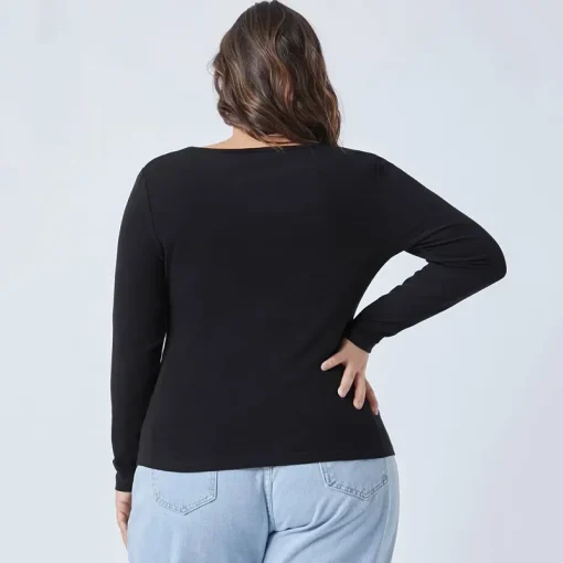 Plus Size Square Neck Long Sleeve Top - Image 2