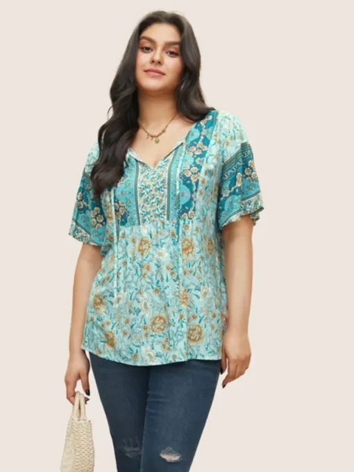 Plus Size Bohemian Floral V-Neck Tops - Image 2