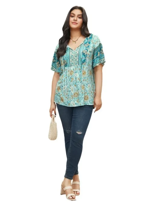 Plus Size Bohemian Floral V-Neck Tops - Image 4