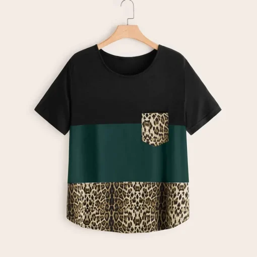 Plus Size Color Block Leopard Tee