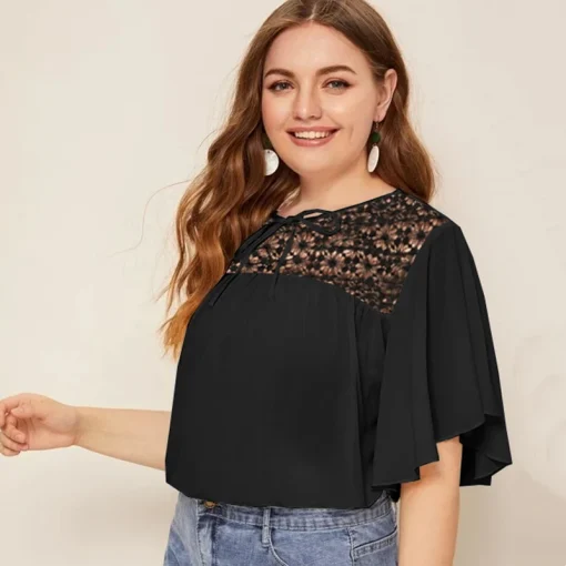 Plus Size Summer Lace Panel Blouse 5XL - Image 2