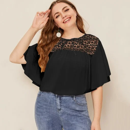 Plus Size Summer Lace Panel Blouse 5XL