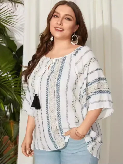 Plus Size Summer Floral Striped Print Tops - Image 2