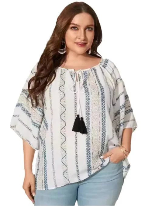 Plus Size Summer Floral Striped Print Tops - Image 4