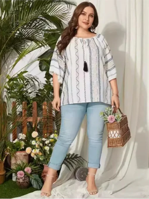 Plus Size Summer Floral Striped Print Tops