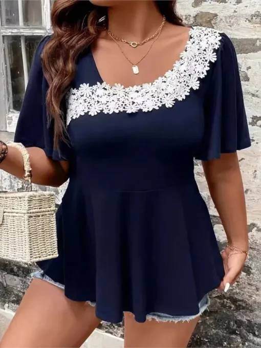 Plus Size Summer Lace Patchwork Ruffle Tops - Image 3