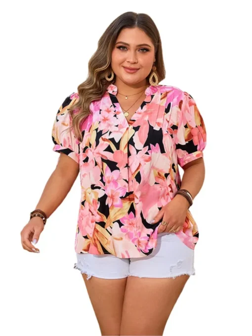 Plus Size Pink Floral Print Summer V-Neck Tops - Image 4